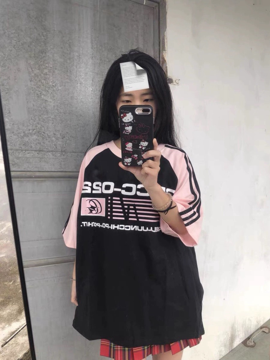 國潮牌美式復古三條槓撞色短袖t恤女寬鬆設計感小眾學生半袖上衣