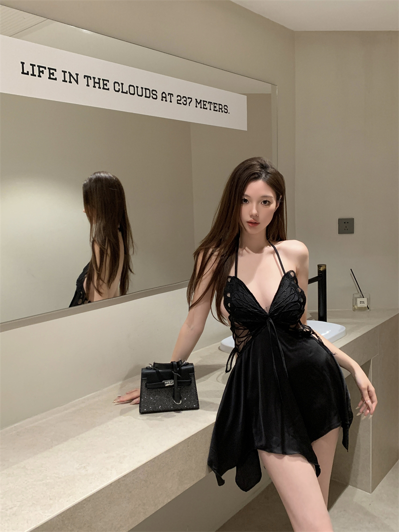 實拍 性感蝴蝶杯蕾絲真絲系帶睡裙居家服帶胸墊