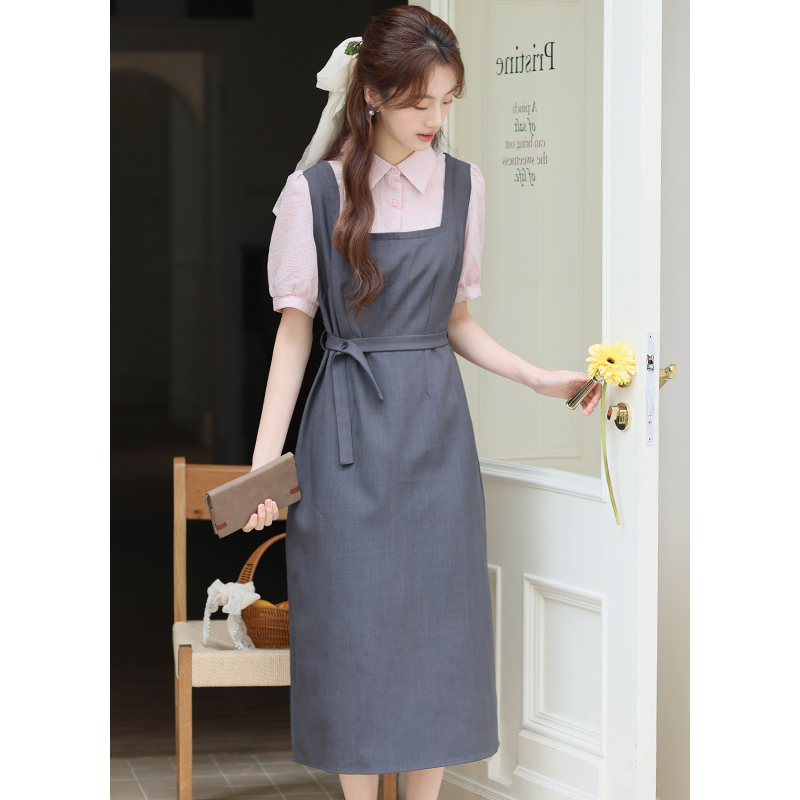 No less than 119 real shot 2024 French preppy style fake two-piece patchwork waist-length dress