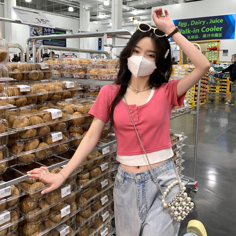 夏季新款設計感短袖T恤女短款露臍拼接假兩件韓版bm顯瘦上衣