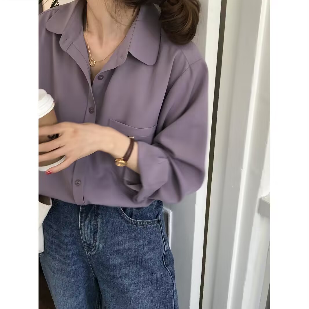 純紫色輕熟風襯衫女長袖襯衣長袖上衣春秋季街頭小個子寬鬆大碼數