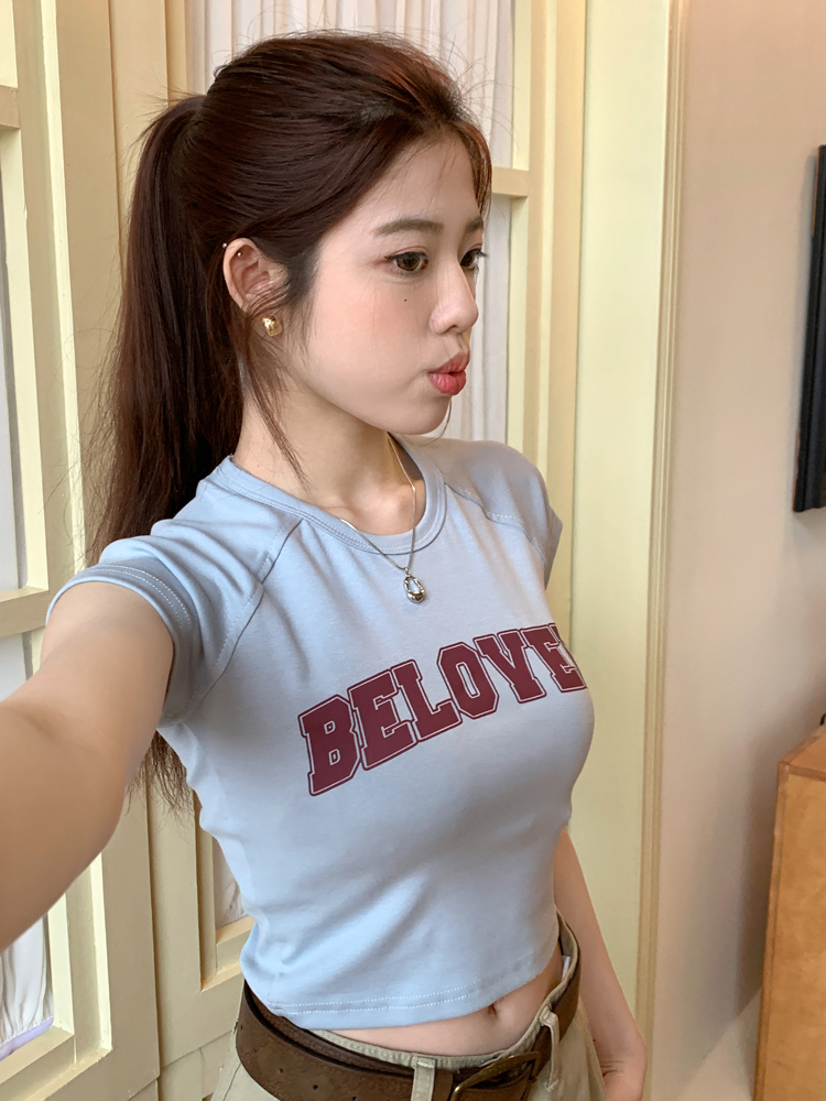 美式辣妹字母印花短袖T恤女2024早春短款修身打底衫上衣