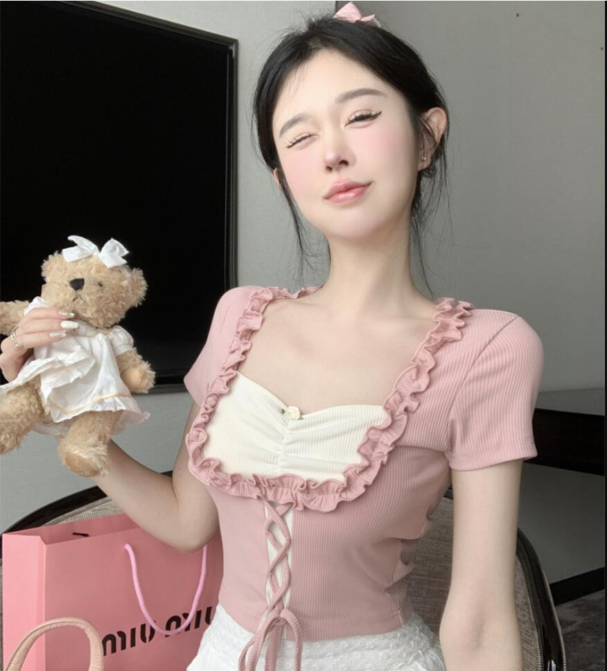 女主播服裝清純可愛甜妹少女花邊短款T恤純欲風系帶顯胸方領上衣