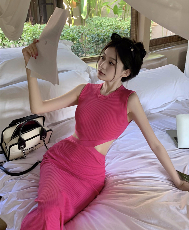 實拍 性感設計感圓領無袖背心收腰開口交叉露腰連衣裙長裙子