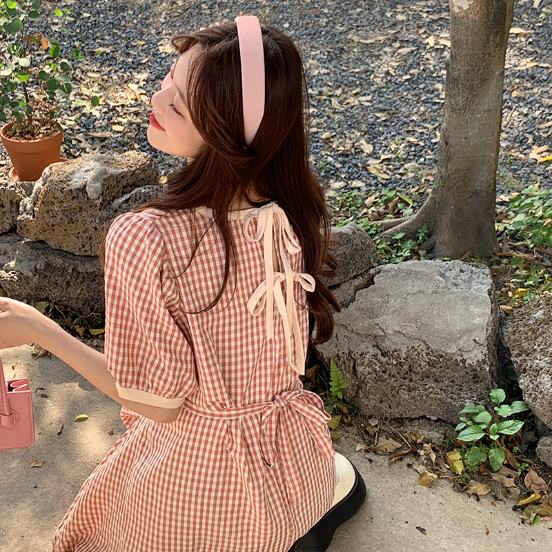 實拍 夏季韓版格子連衣裙大碼女裝綁帶收腰氣質顯瘦裙子