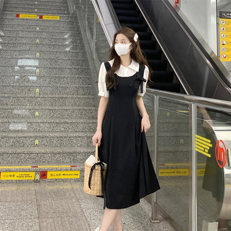 法式學院風蝴蝶結背帶裙夏季大碼連衣裙女氣質假兩件收腰顯瘦裙子