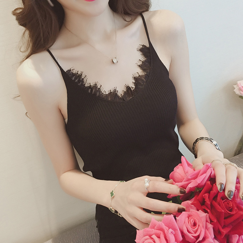 黑色睫毛蕾絲拼接V領針織吊帶背心女短款修身顯瘦無袖打底上衣春
