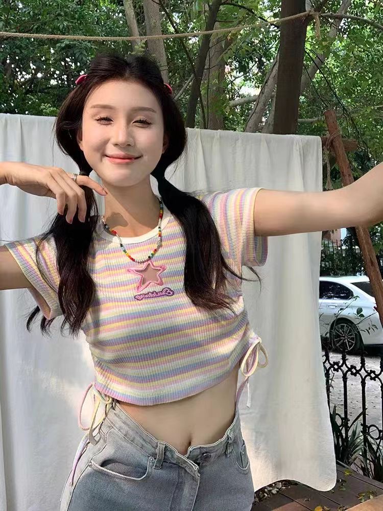 原版面料 女孩夏季新款減齡彩虹條紋抽繩T恤上衣潮漸變