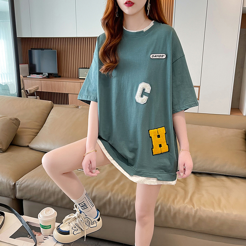 實拍2024夏季寬鬆刺繡字母大碼寬鬆百搭上衣T恤女