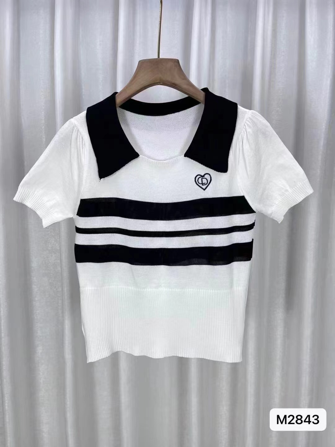 2024夏季新款韓版學院風Polo領刺繡條紋顯瘦短袖上衣女