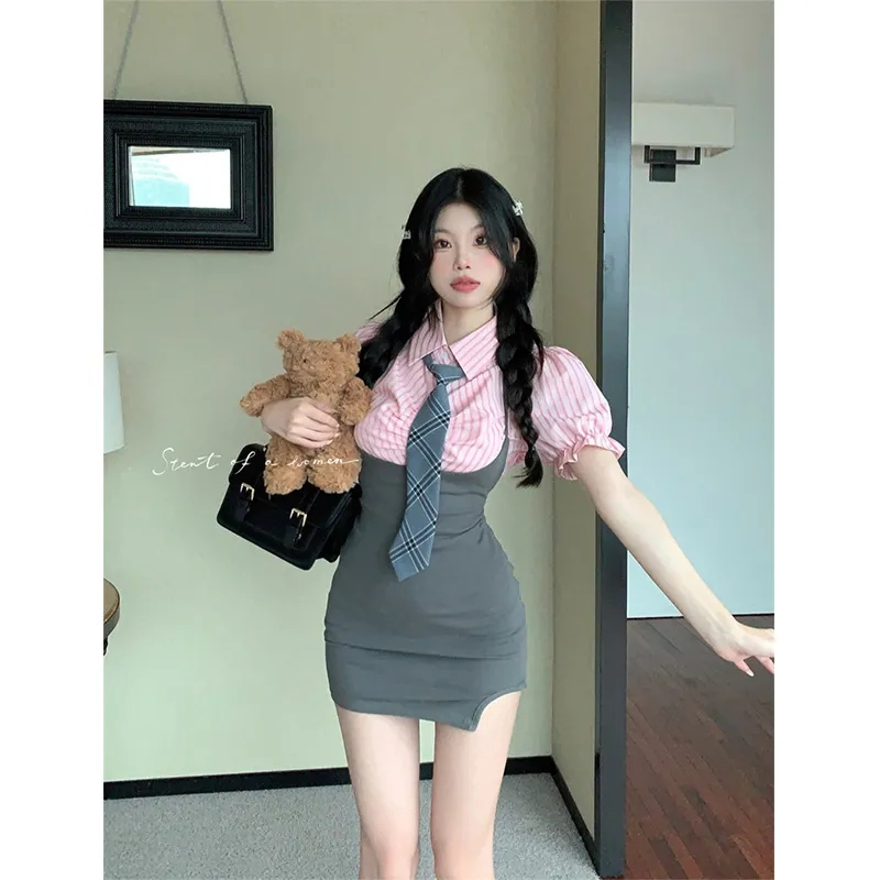 Pink striped lapel puff sleeve shirt summer gray hip-hugging short skirt for women suspender fake two-piece dress for women