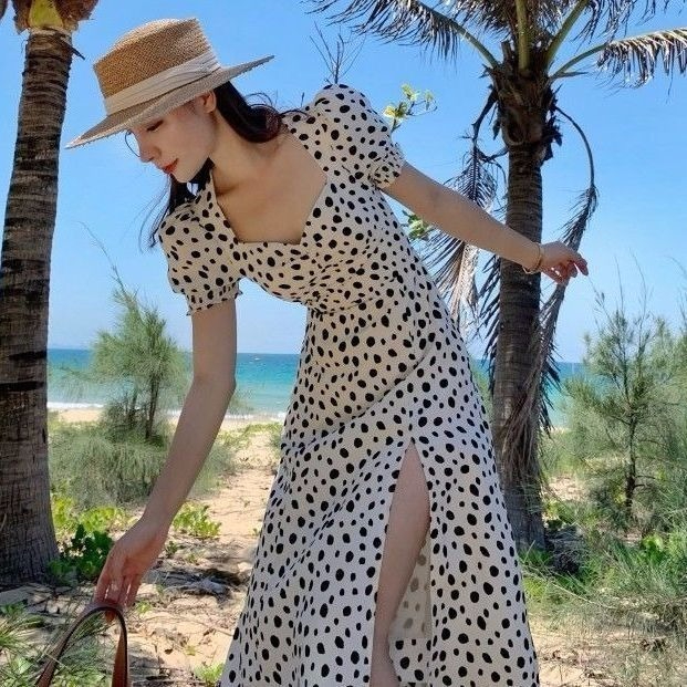 White floral skirt, long summer slit skirt, niche design, clavicle square collar tea break French dress