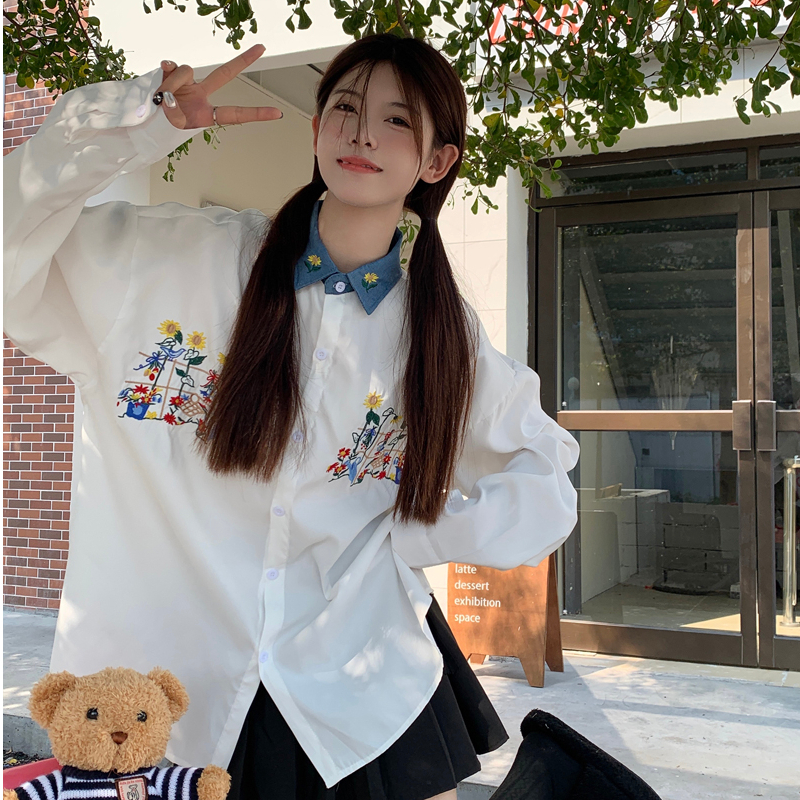 實拍 童趣學院風雛菊刺繡襯衫女新款情侶休閒長袖白襯衣ins潮
