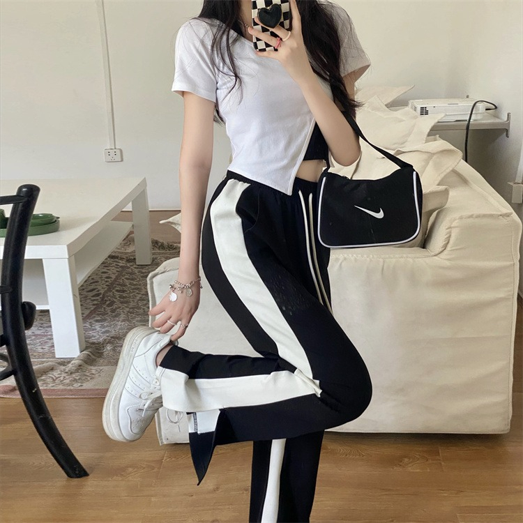 Black and white contrasting color high waist slit wide leg pants women's slim casual pants 2024 summer loose floor-length trousers