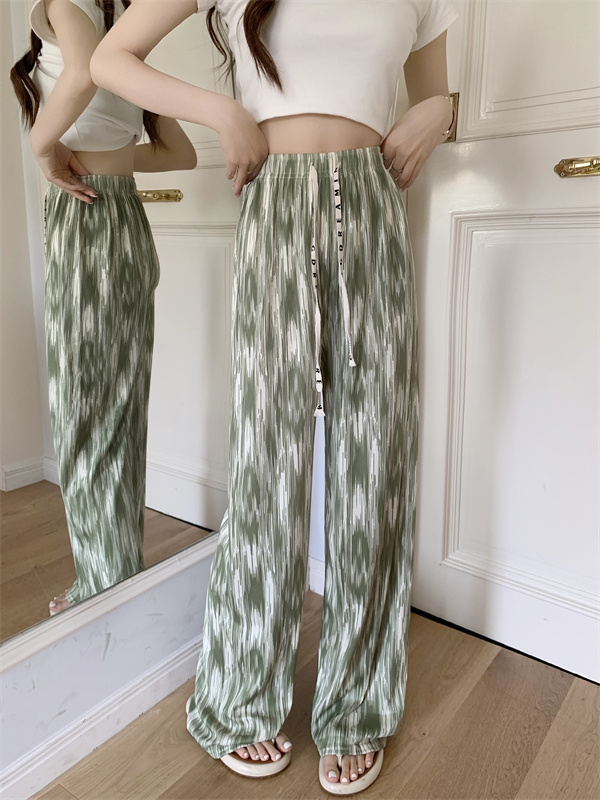 Real shot of flowing ink wide-leg trousers straight-leg slimming waist floor-length trousers narrow version ice silk casual walking trousers