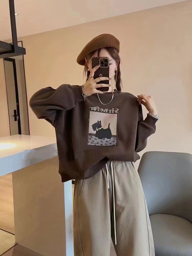 美式復古加絨圓領小個子短款衛衣女卡通印花oversize杏色上衣外套