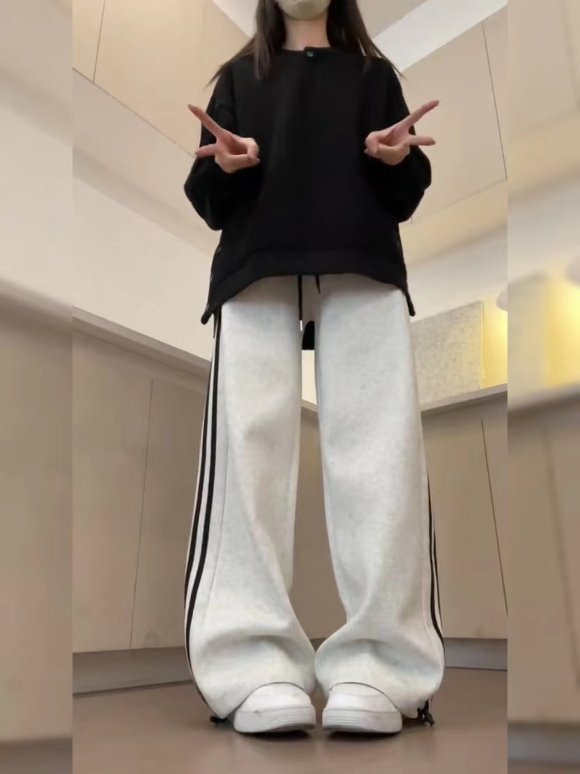白灰色三條槓條紋衛褲女2024新款休閒褲子女寬鬆直筒闊腿褲潮衛褲