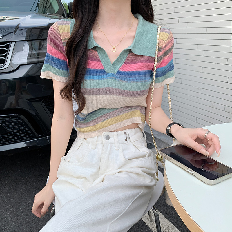 實拍polo領針織衫冰絲短袖T恤女正肩短款條紋辣妹純欲上衣夏