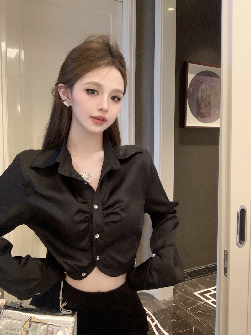 實拍 純欲辣妹polo領長袖襯衫女性感緊身短款露臍襯衣氣質上衣