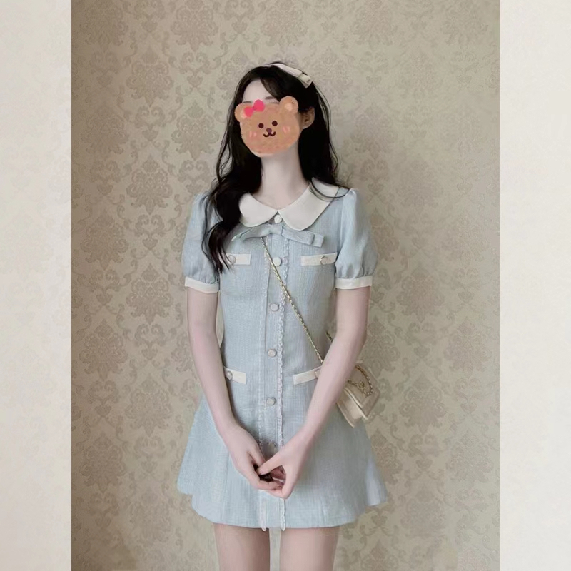 法式藍色娃娃領小香風連衣裙女夏季高級感小眾設計小個子收腰裙子