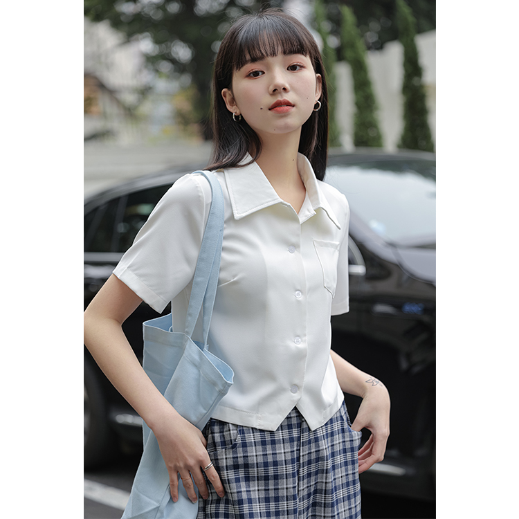 實拍學院風襯衫女設計感小眾2024夏新款短袖jk襯衣日系藍色上衣