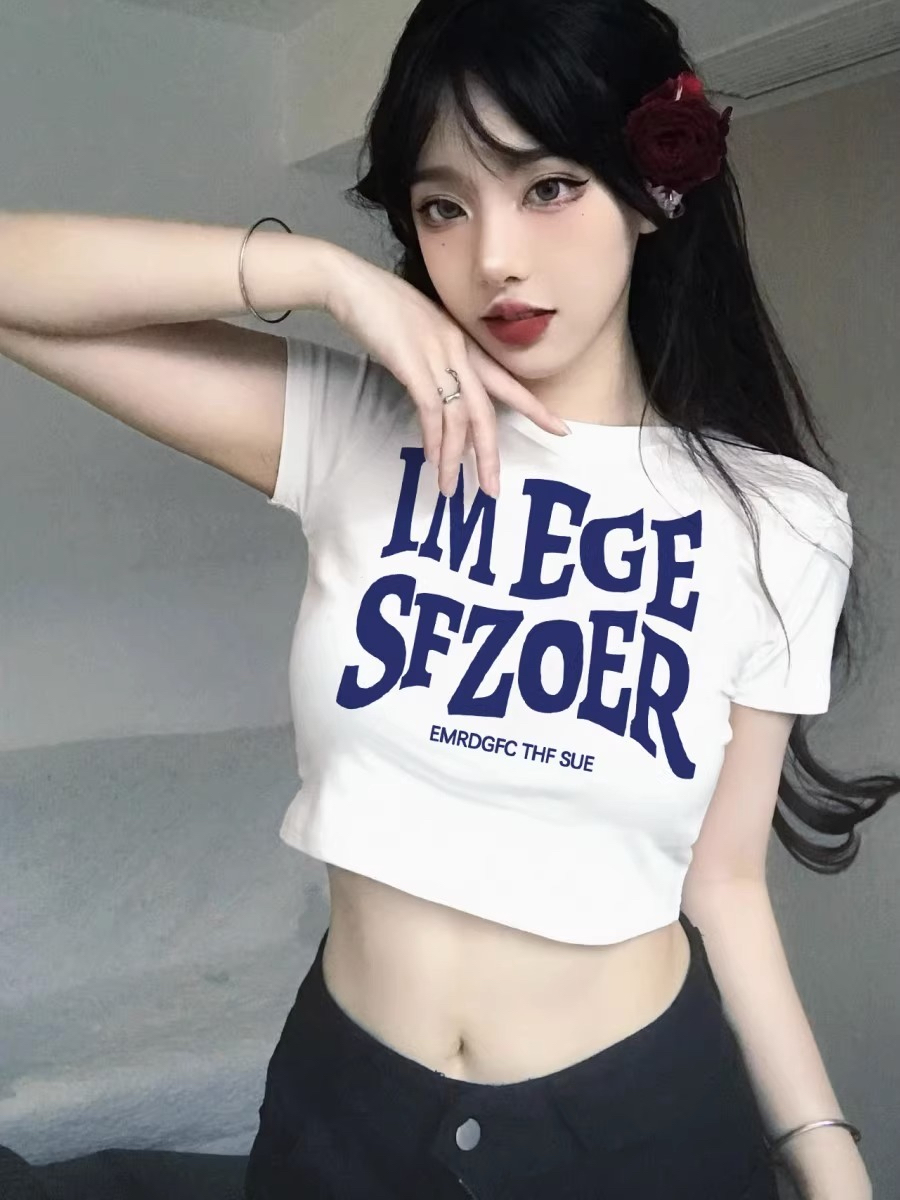 正肩短款露臍修身甜辣妹風字母印花高腰短袖T恤女上衣