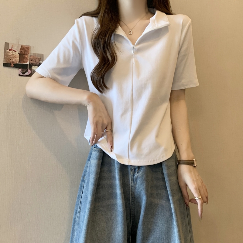 實拍  40支純棉 2024夏裝純色半拉鏈短袖t恤女不規則