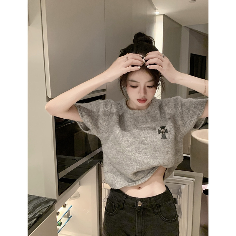 復古港風灰色高級感短袖針織衫女春季內搭短款小個子辣妹t恤上衣