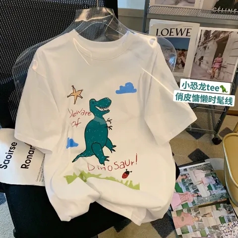 精梳純棉 2024夏季新款卡通印花圓領短袖T恤女寬鬆韓版上衣