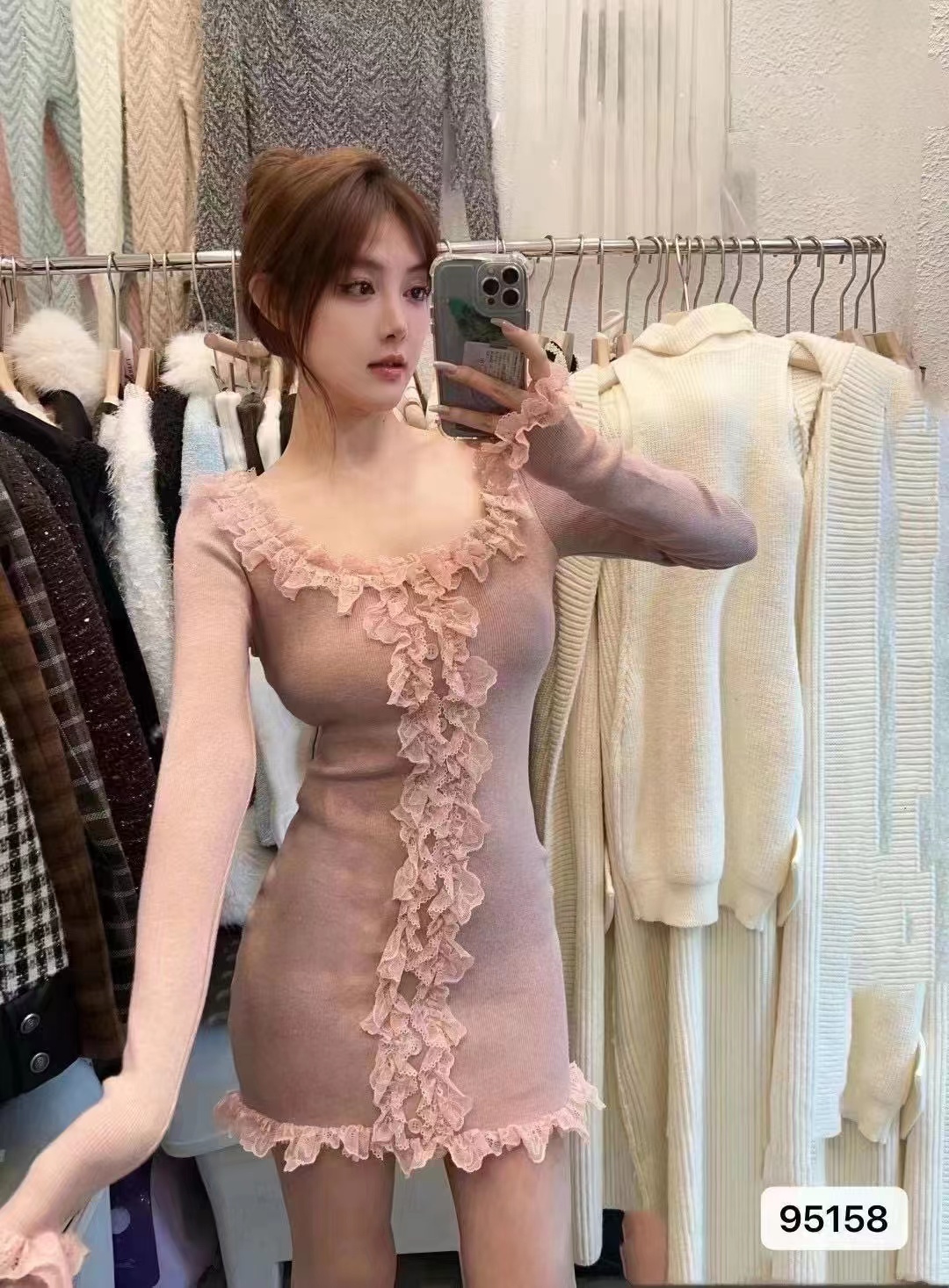 甜美蕾絲花邊連衣裙女純欲風修身顯瘦抹胸打底針織包臀短裙