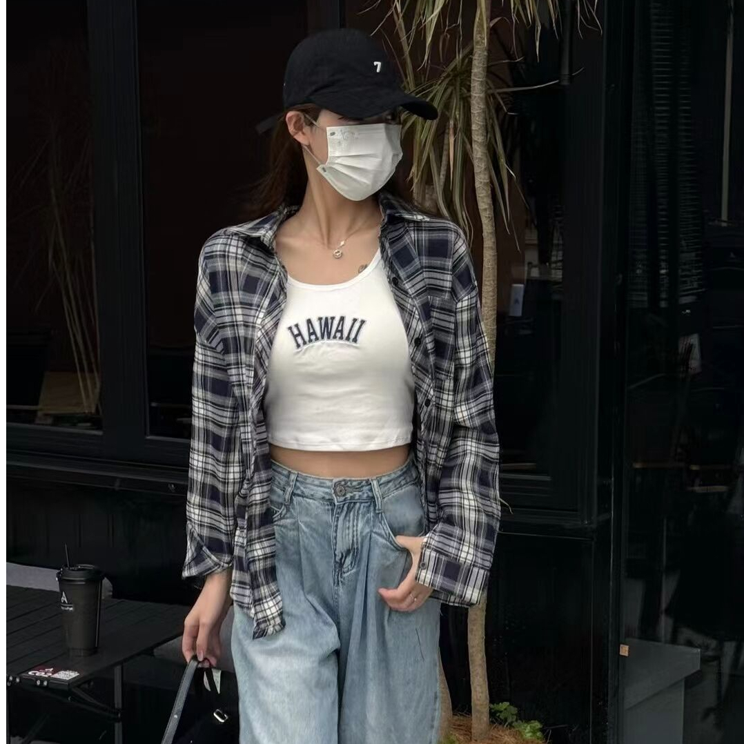 2024春季復古港風格子襯衫外套女長袖休閒垂感襯衣設計感小眾上衣