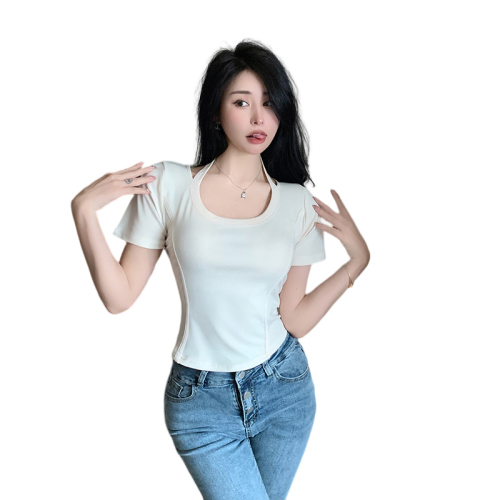 Real shot, design, careful and careful, new summer style pure desire halterneck women's T-shirt, slim and slim short-sleeved top