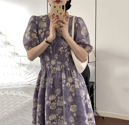 法式復古碎花連衣裙女收腰顯瘦短袖韓版紫色長裙