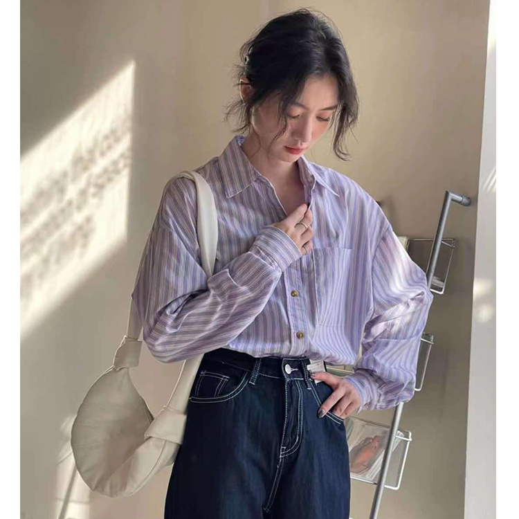 實拍春季新款女條紋襯衫港味BF風寬鬆休閒原宿風中長款外搭襯衣