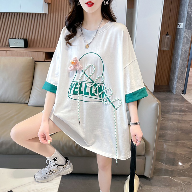 實拍2024夏季印花字母拼接插色大碼寬鬆百搭上衣T恤女