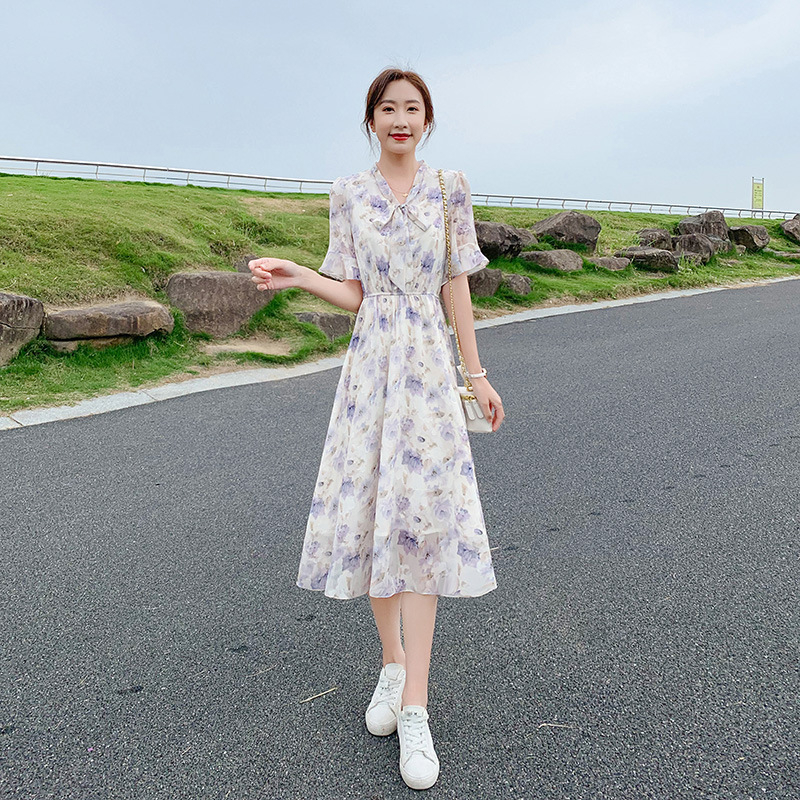 紫色小清新碎花雪紡連衣裙女新款夏季收腰顯瘦英倫風a字裙子氣質