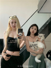 實拍ins甜辣少女閨蜜印花顯瘦吊帶