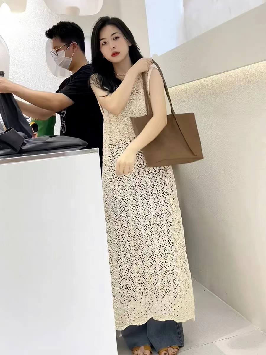 2024新款通勤休閒空調外搭長衫開叉針織鏤空罩裙疊穿氛圍感背心裙