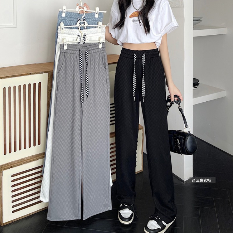 Designed retro checkerboard ice silk wide-leg casual pants for women summer new high-waist drape slim floor-length pants