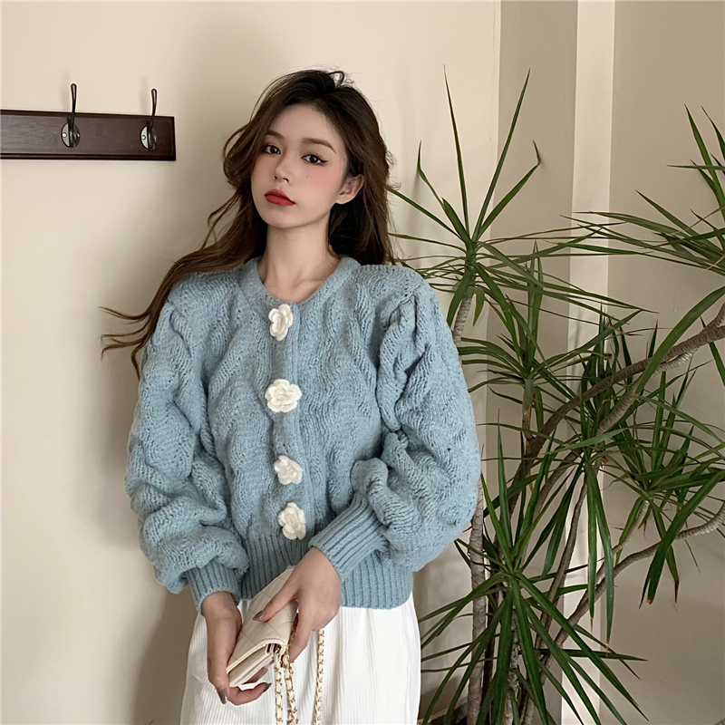 韓版chic法式氣質立體復古玫瑰花朵毛衣洋氣聖誕紅泡泡袖上衣