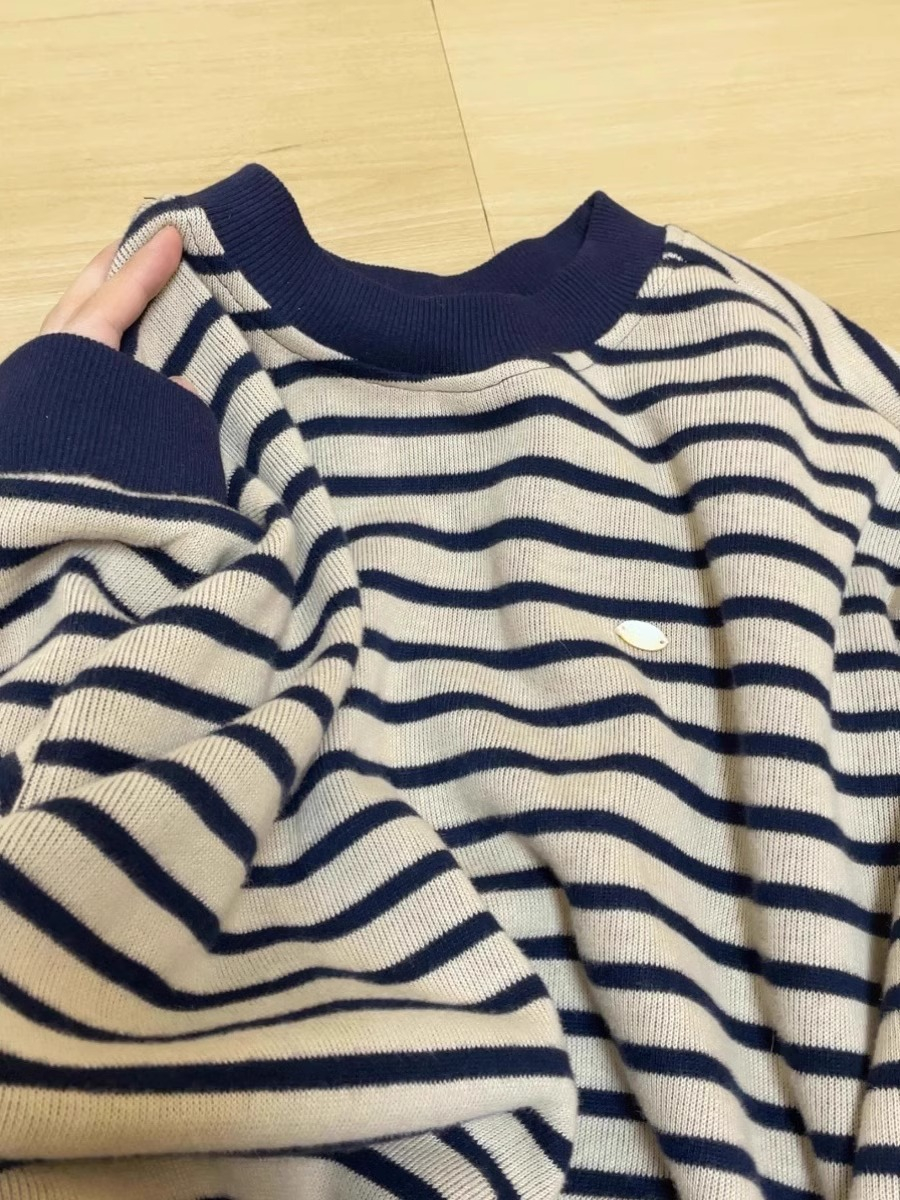 復古chic港味條紋加絨加厚圓領衛衣女秋冬新款寬鬆慵懶上衣潮