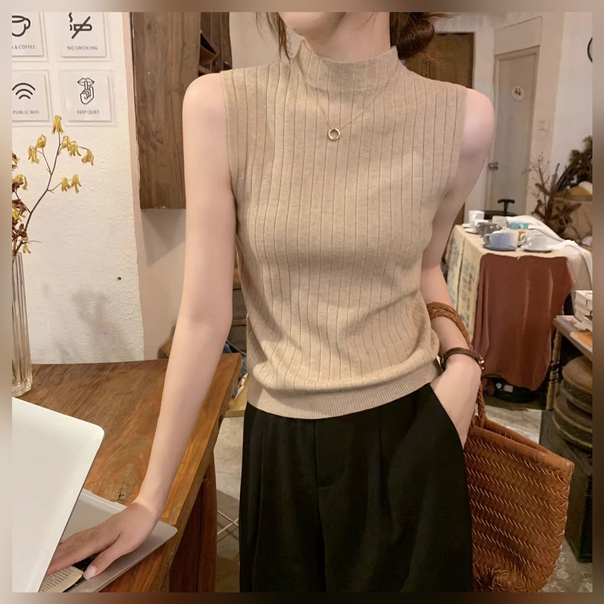 韓版性感半高領坑條吊帶背心外穿女春夏季小心機內搭無袖打底上衣