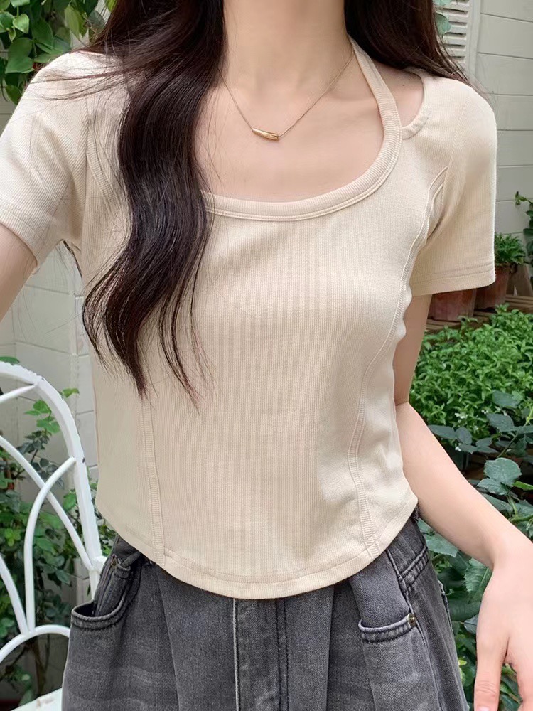 夏季杏色短袖T恤女設計感小眾修身掛脖純欲正肩顯瘦短款魚骨上衣