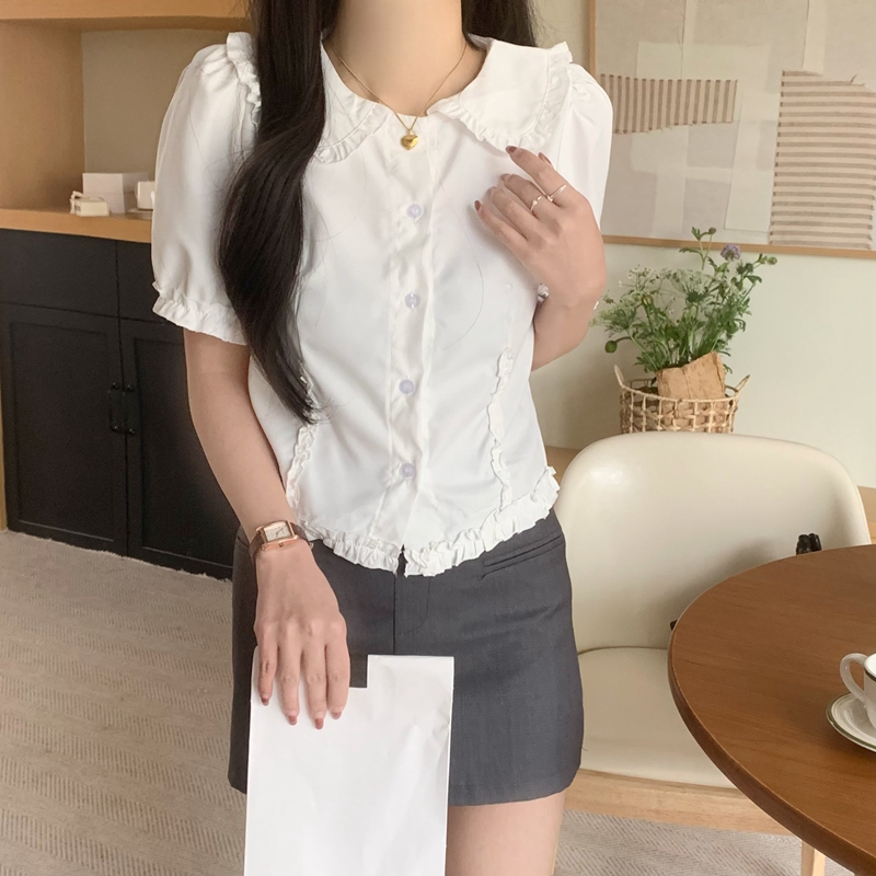 實拍白色短袖娃娃領襯衫女2024夏新款泡泡袖法式襯衣修身短款上衣