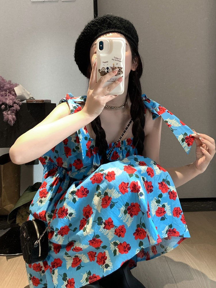 Tea break French floral suspender dress for women 2024 summer new style fugitive princess vintage vintage dress
