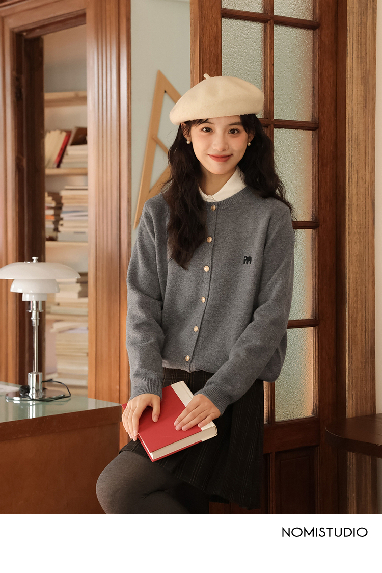 鋼琴詩人/時髦書呆子 灰色毛衣女針織開衫短款春季上衣外套