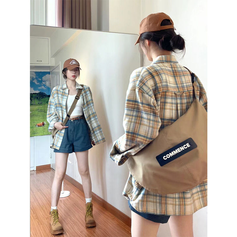 冪式穿搭復古格子襯衫外套女春秋季襯衣法式亞麻棉麻長袖早秋上衣