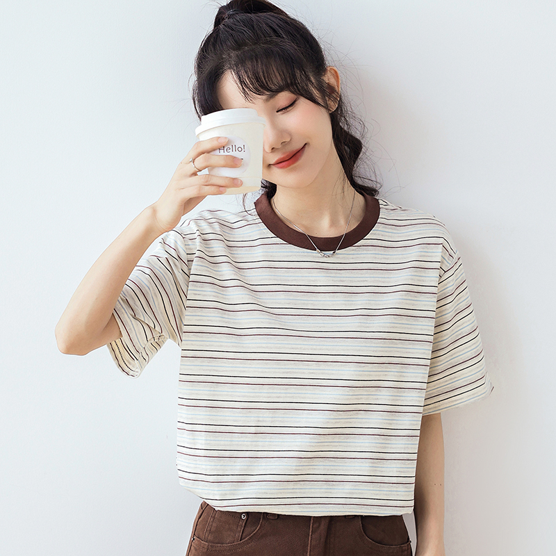 實拍質量純棉色織條短袖t恤女夏2024潮圓領新款上衣大碼女裝