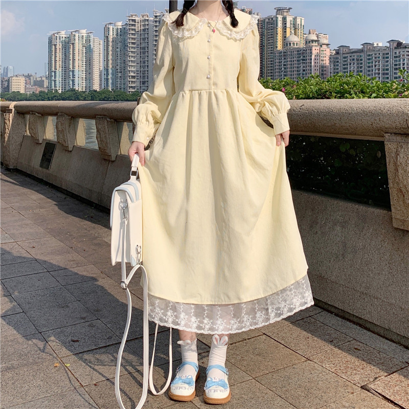 2024春裝新款寬鬆日系軟妹蕾絲花邊娃娃領長袖連衣裙子女氣質長裙