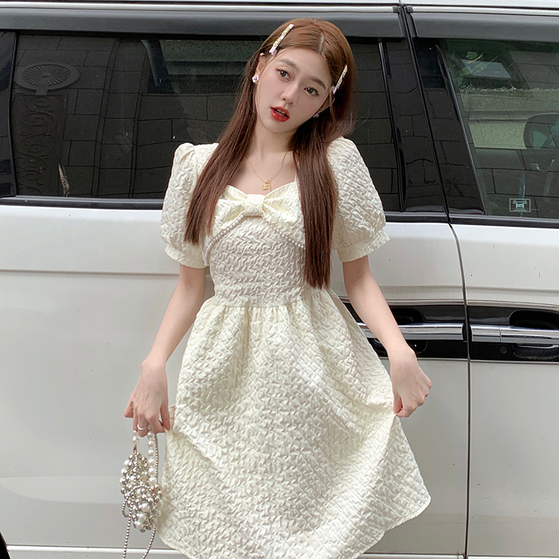 珍珠邊定製蝴蝶結收腰顯瘦赫本風法式連衣裙女